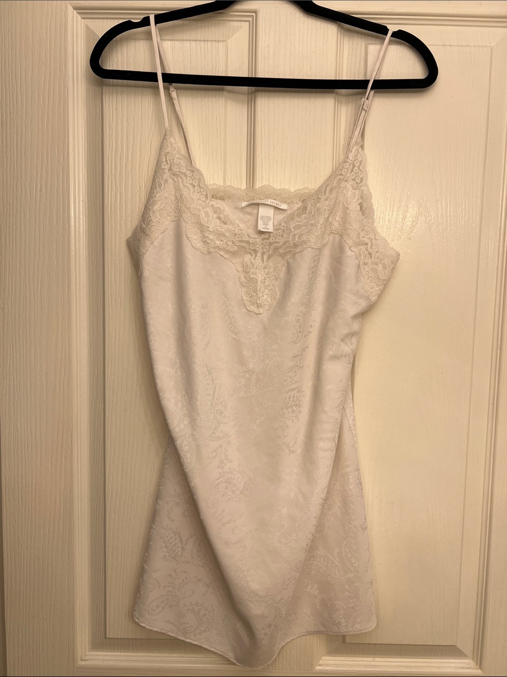 Lace Trim Jacquard Satin Slip Dress - White